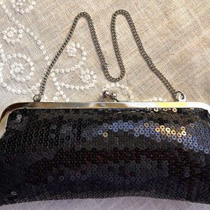 ANN TAYLOR LOFT BLACK SEQUIN EVENING PURSE -SILVER CHAIN STRAP